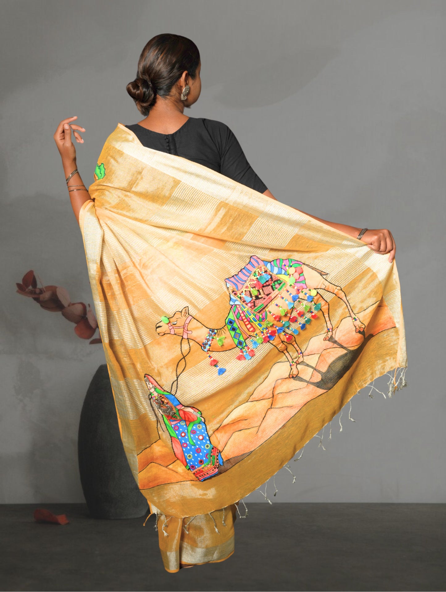 Yellow Linen Handpainted Saree with Applique work