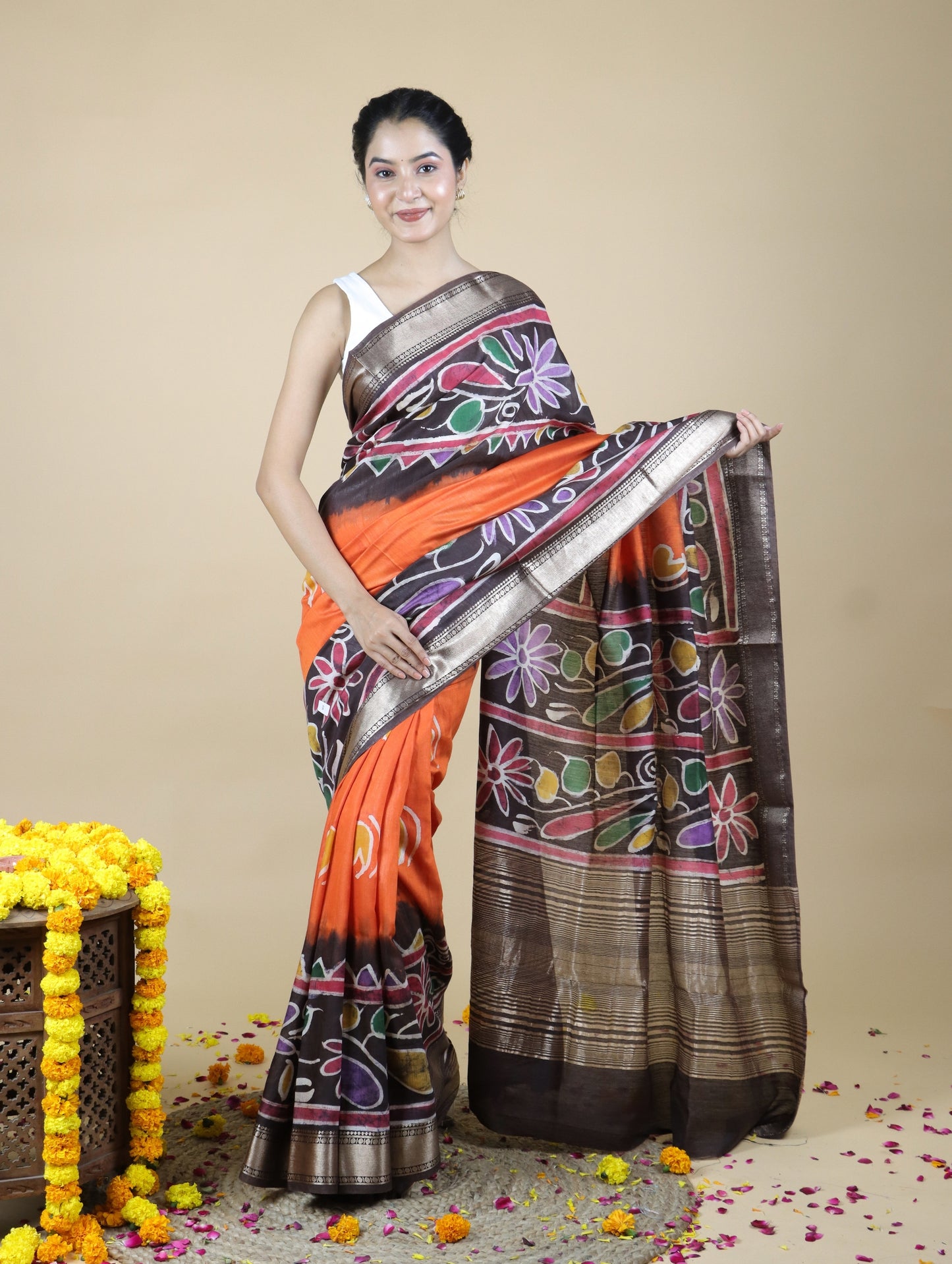 Orange and Brown Batik Print Maheshwari Silk Saree