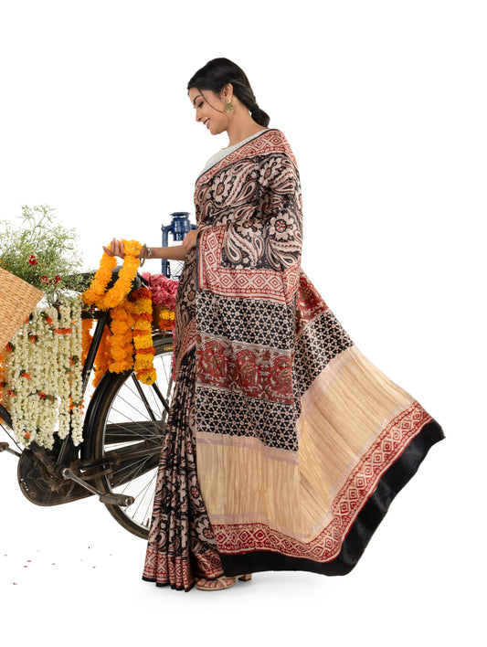 Beige and Black Gajji Silk Bagru Printed Saree