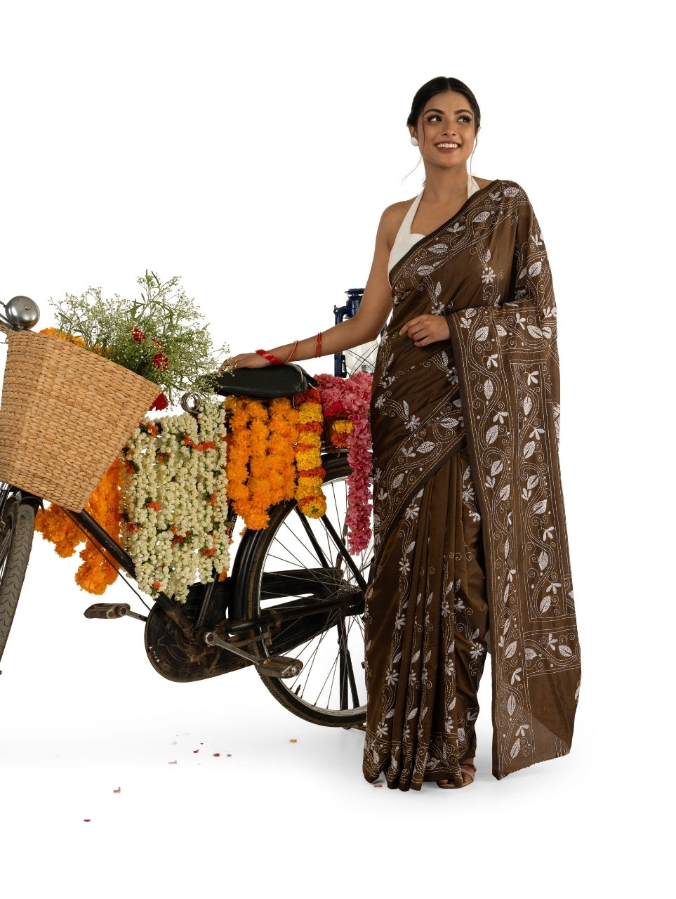 Coffee Brown Intricate Kantha Stitched Saree