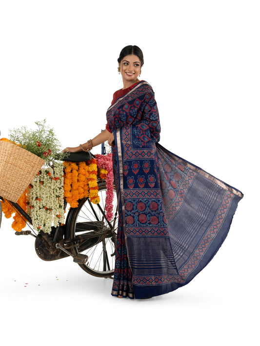 Dark Blue Art Silk Crepe with Naptol Block Printed Saree