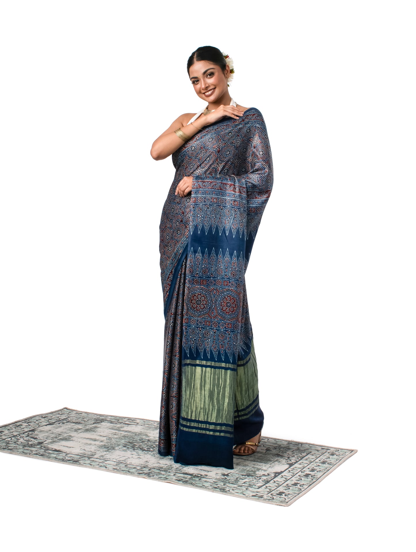 Ajrak Printed Gajji Silk Indigo Coloured Saree with Geometric Prints
