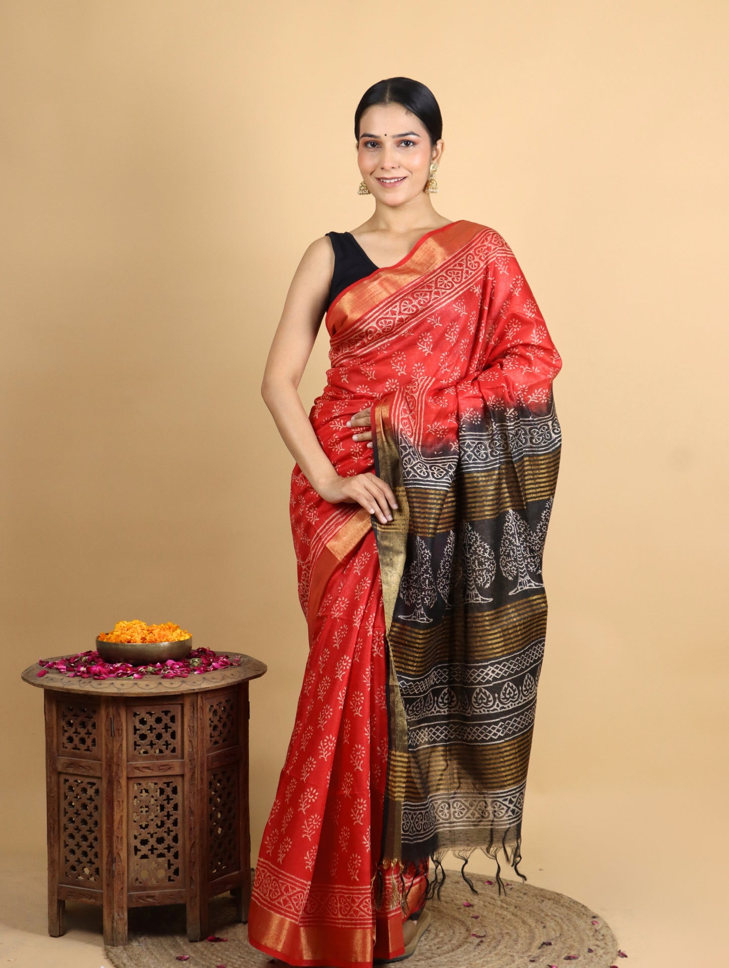Brick Red and Black Baffta Tussar Block Printed Saree