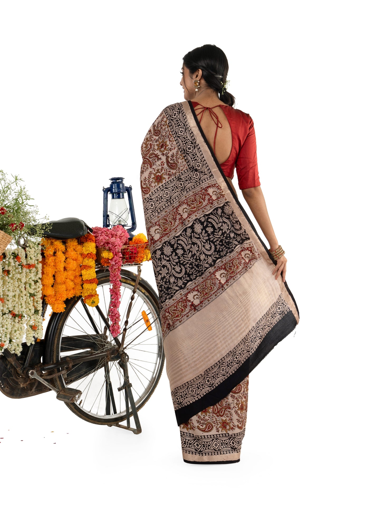 Beige and Brown Art Silk Crepe with Bagru BlockPrinted Saree