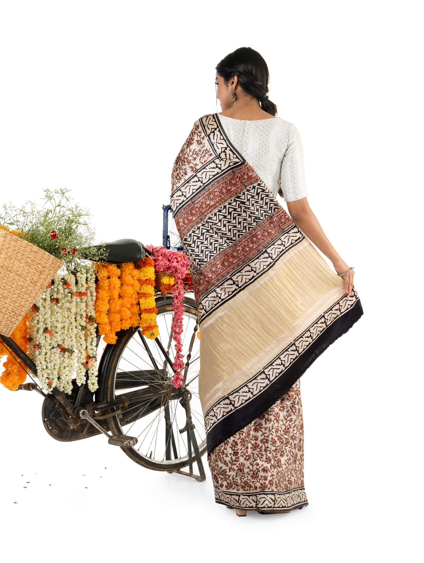 Beige and Maroon Gajji Silk Bagru Printed Saree
