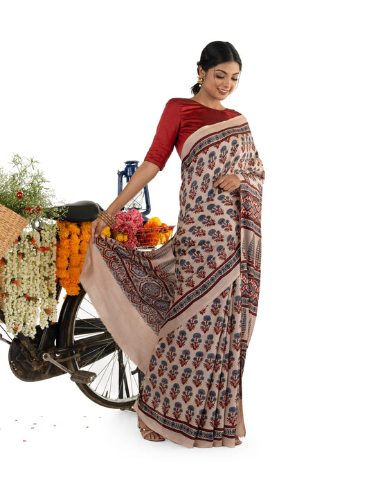 Ajrak Beige Modal Muslin Saree
