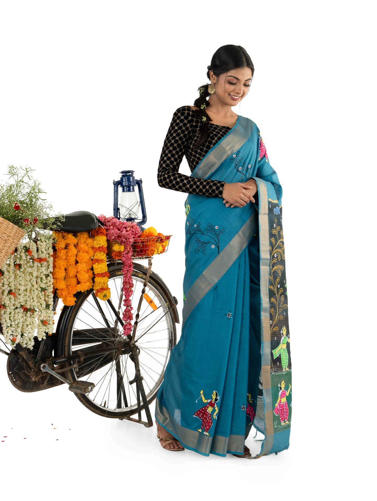 Blue Tussar Saree with Beautiful Hand painting
