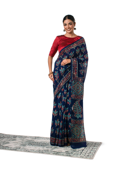Dark Blue Coloured Chiffon Block Printed Saree with Multicolored Flowers