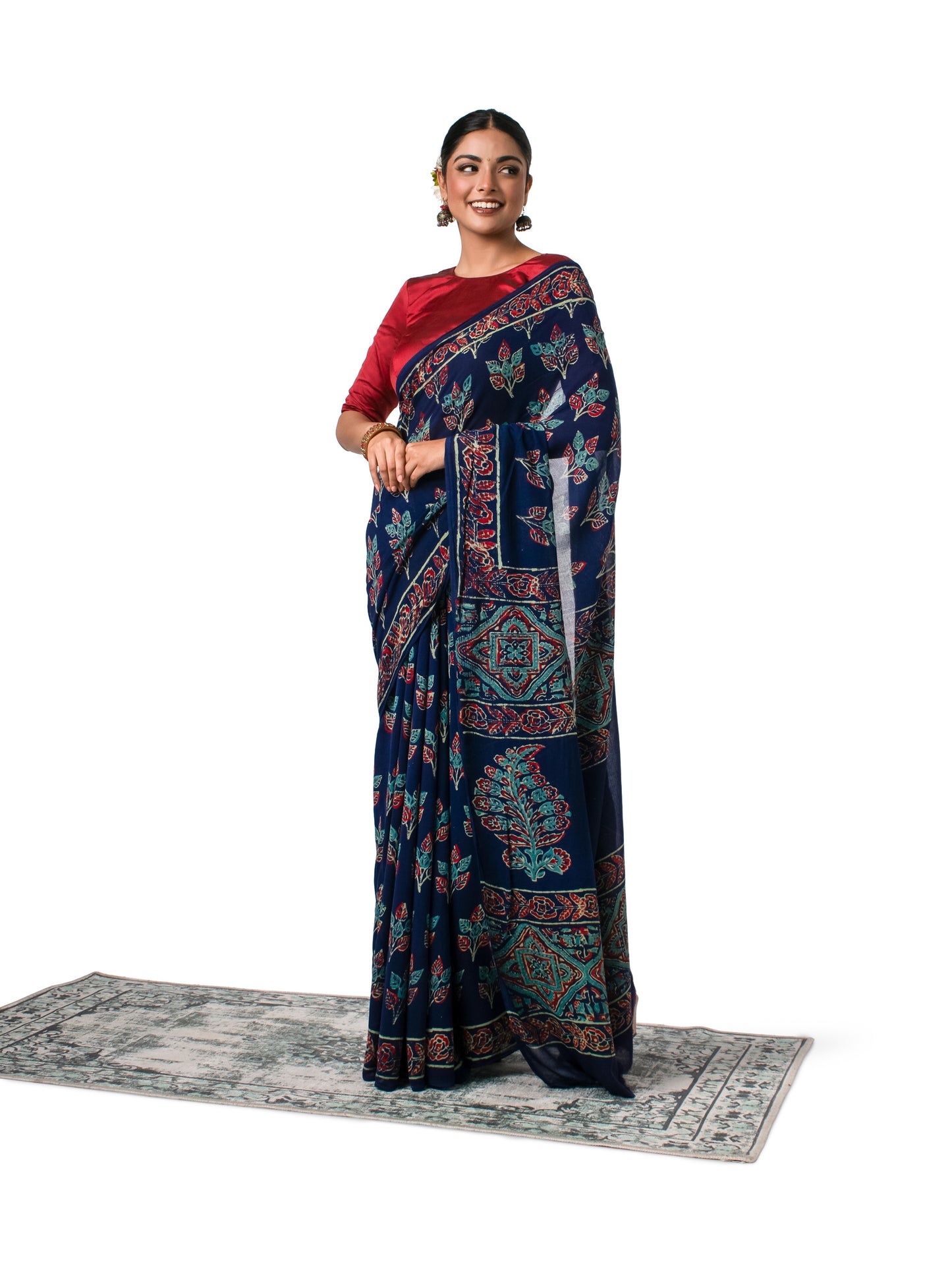 Dark Blue Coloured Chiffon Block Printed Saree with Multicolored Flowers