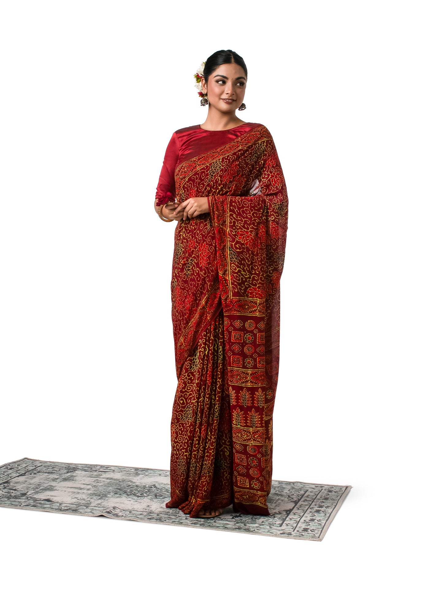 Maroon Coloured Chiffon Block Printed Saree with Multicolored Flowers