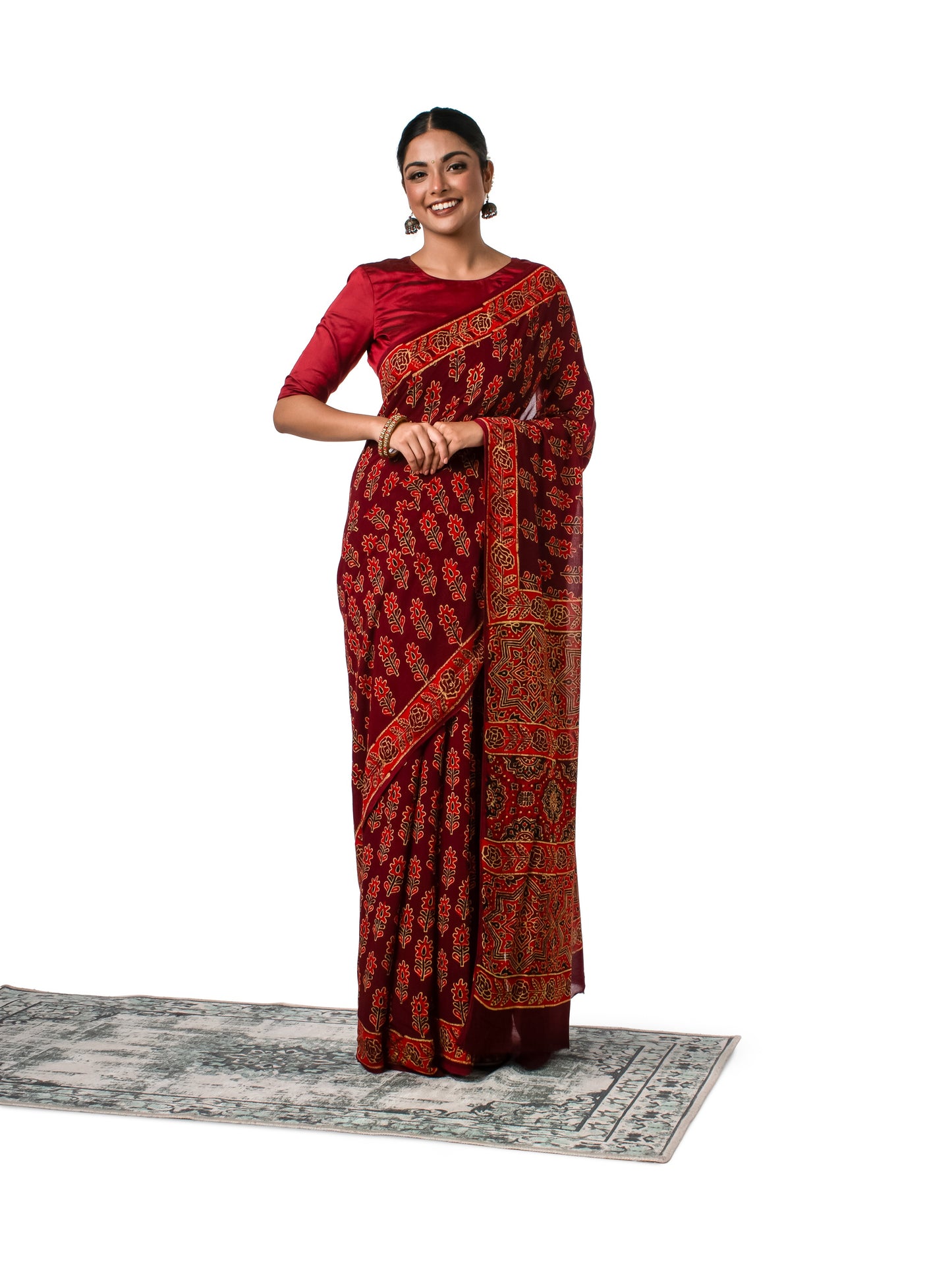 Maroon Coloured Chiffon Naptol Block Printed Saree