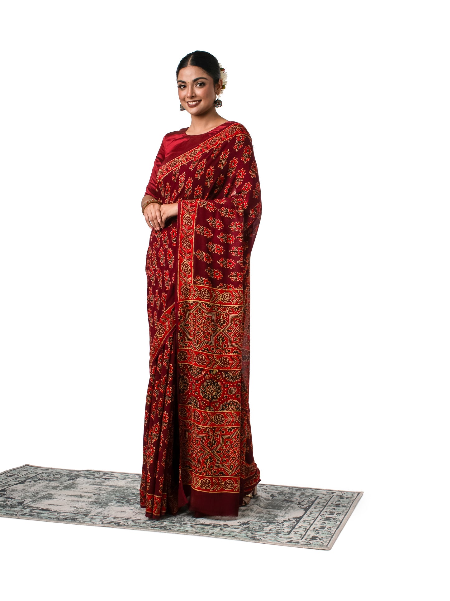 Maroon Coloured Chiffon Naptol Block Printed Saree