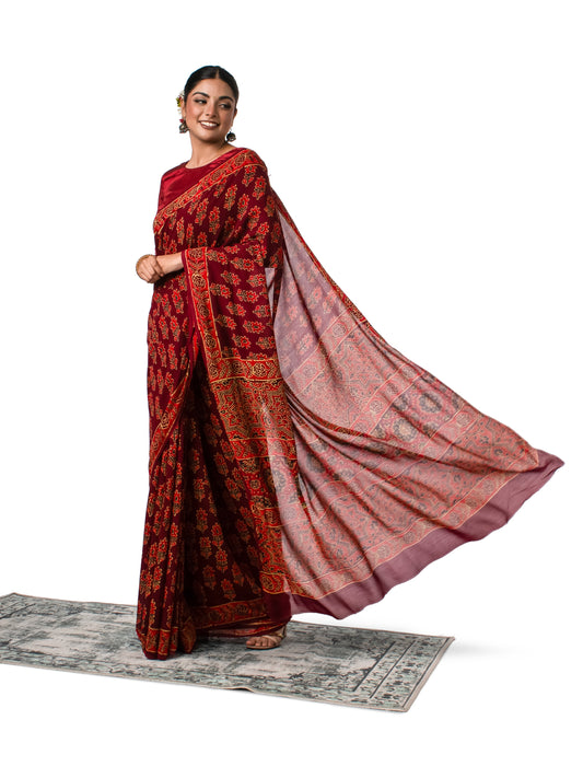 Maroon Coloured Chiffon Naptol Block Printed Saree