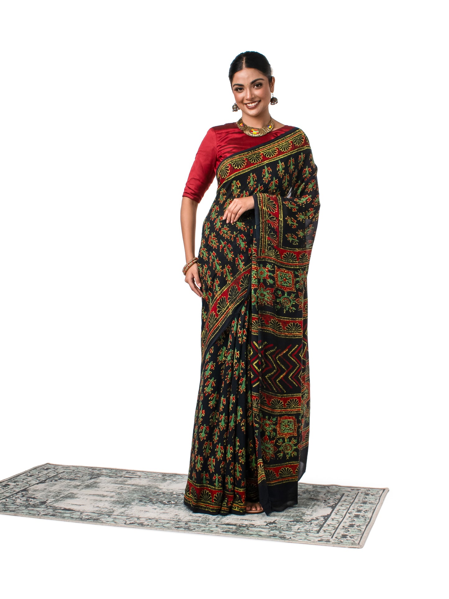 Dark Green Coloured Chiffon Naptol Block Printed Saree