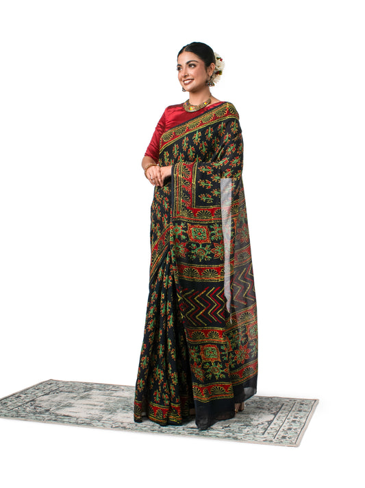 Dark Green Coloured Chiffon Naptol Block Printed Saree