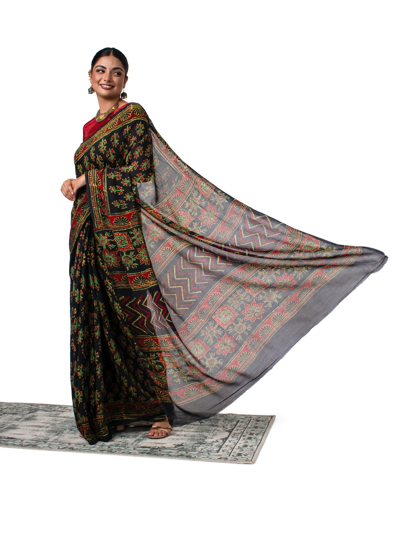 Dark Green Coloured Chiffon Naptol Block Printed Saree