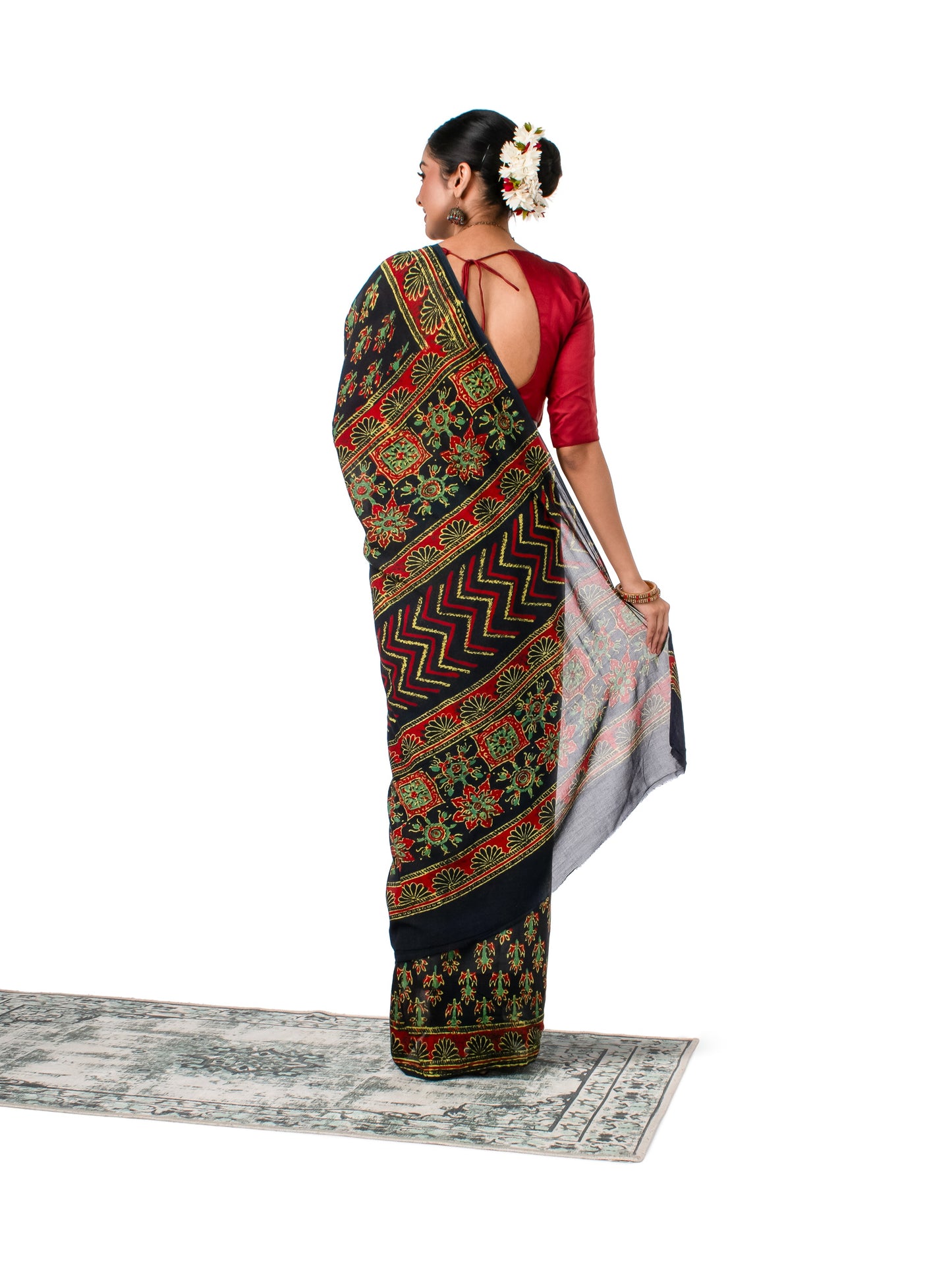 Dark Green Coloured Chiffon Naptol Block Printed Saree
