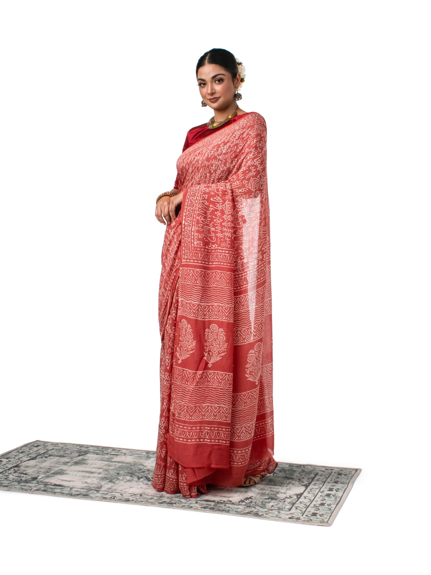 Coral Coloured Chiffon Block Printed Saree