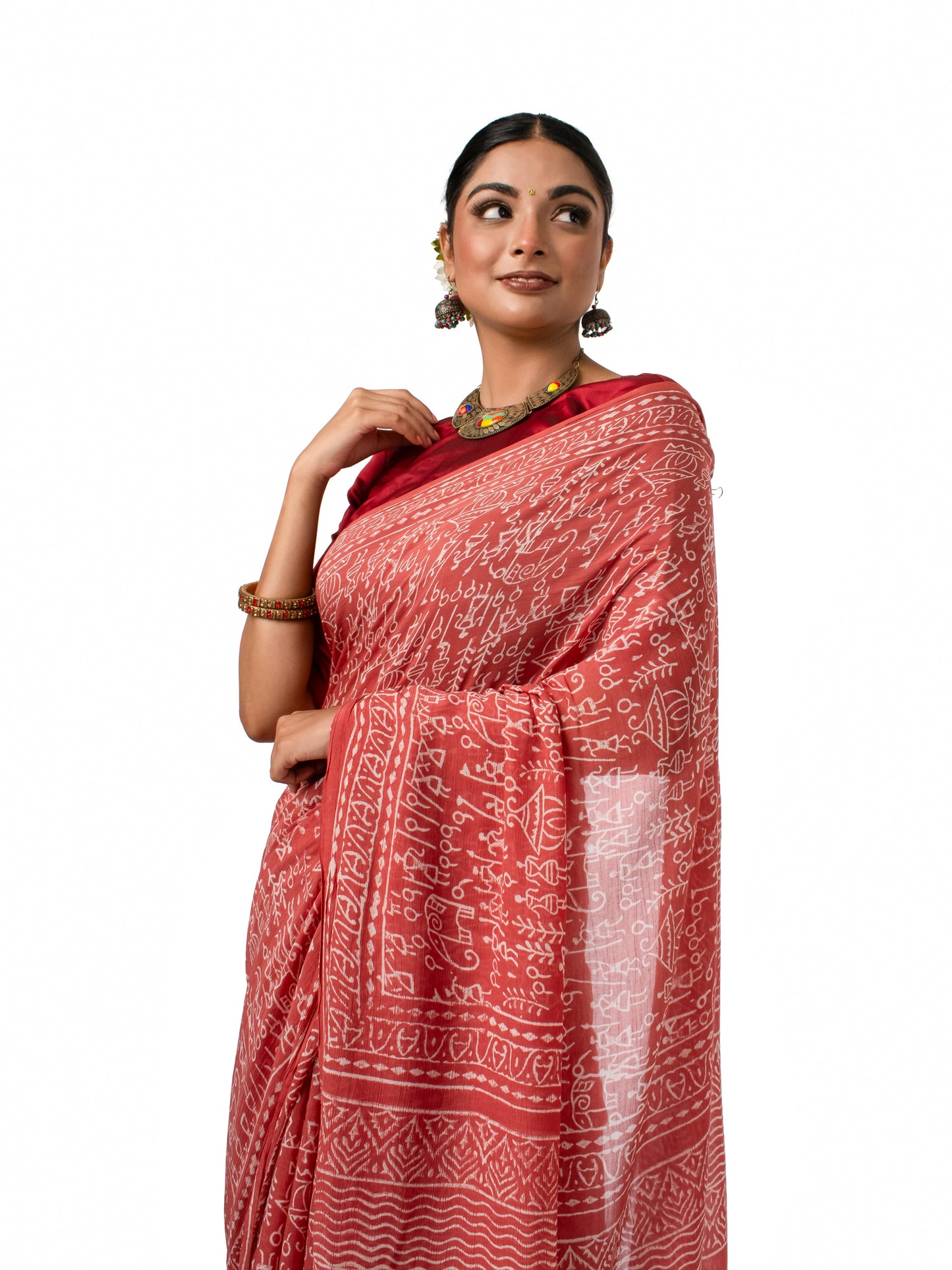 Coral Coloured Chiffon Block Printed Saree