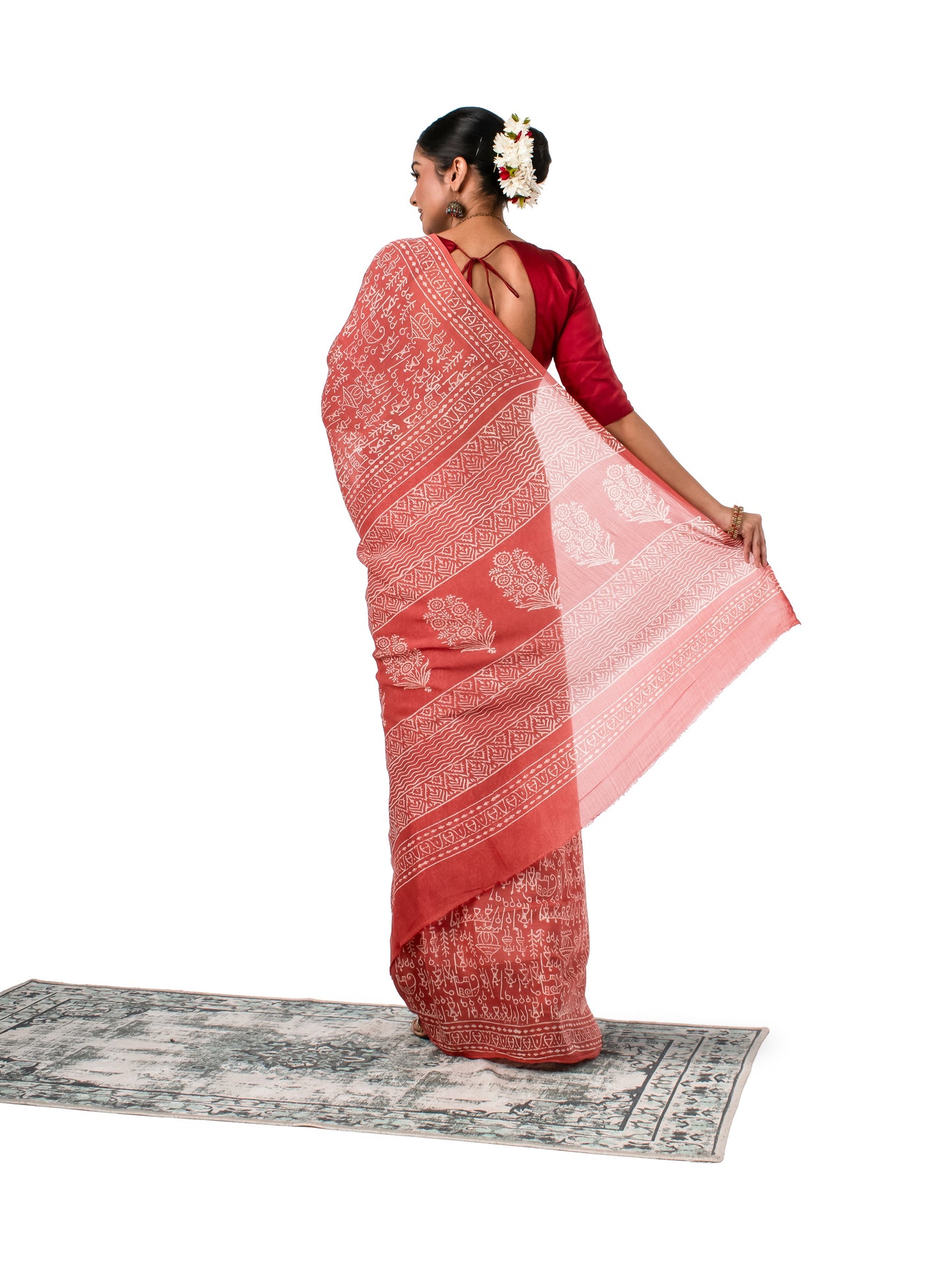 Coral Coloured Chiffon Block Printed Saree