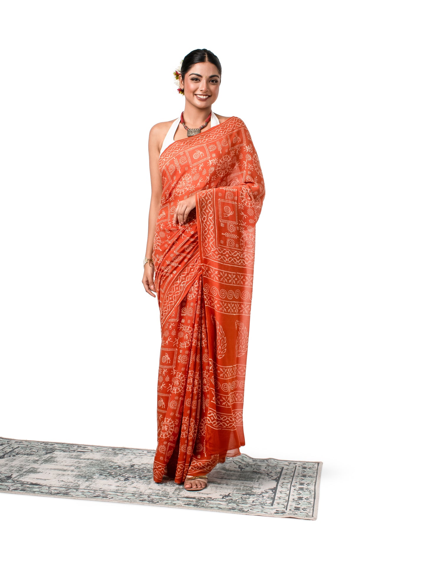 Rust Orange Chiffon Block Printed Saree