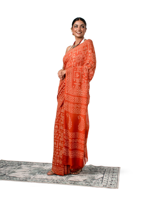 Rust Orange Chiffon Block Printed Saree