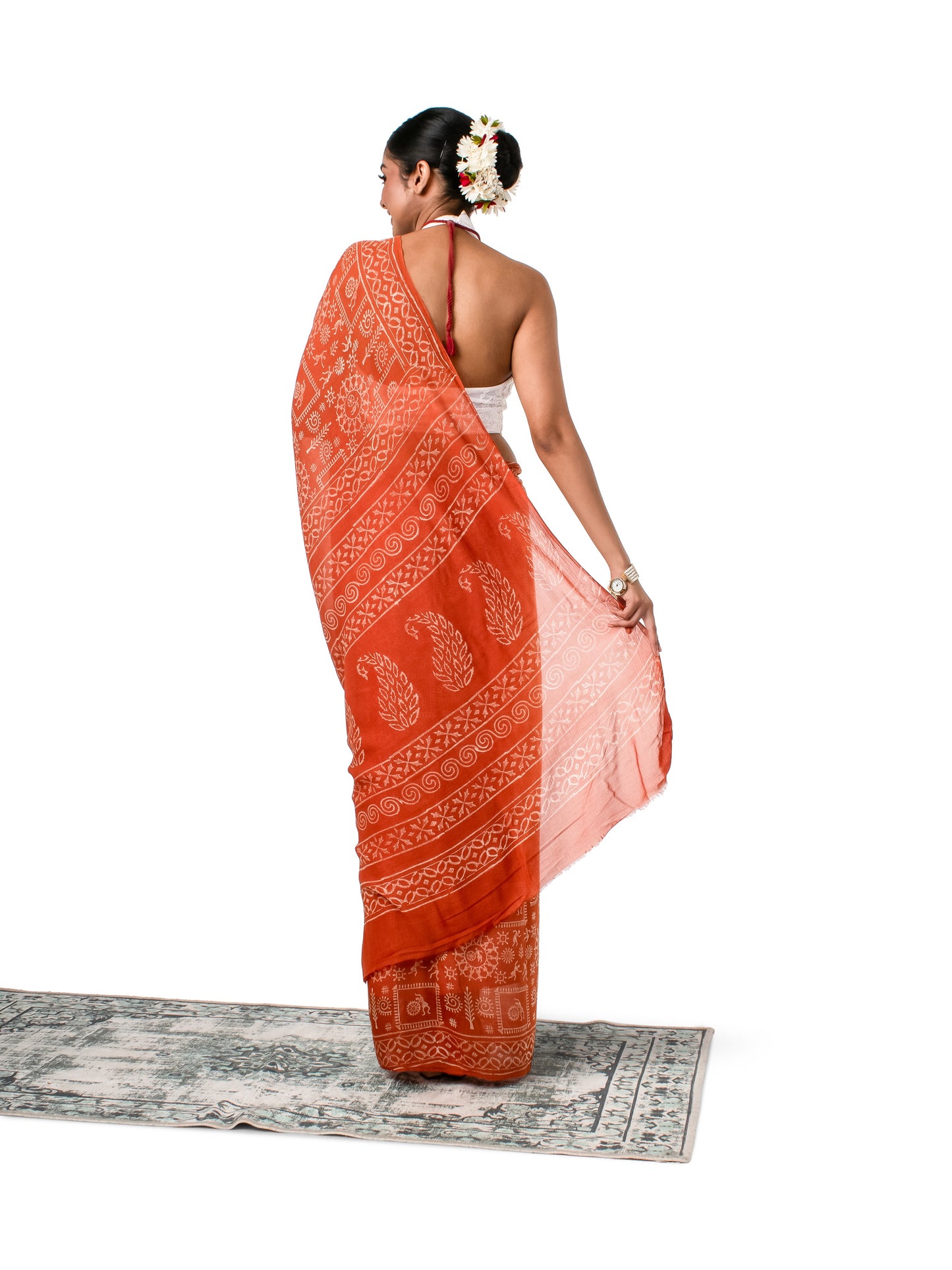 Rust Orange Chiffon Block Printed Saree