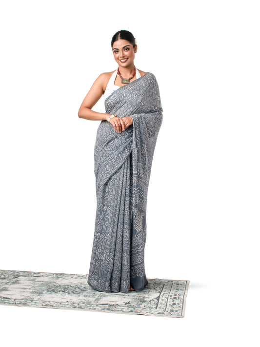 Grey Chiffon Block Printed Saree