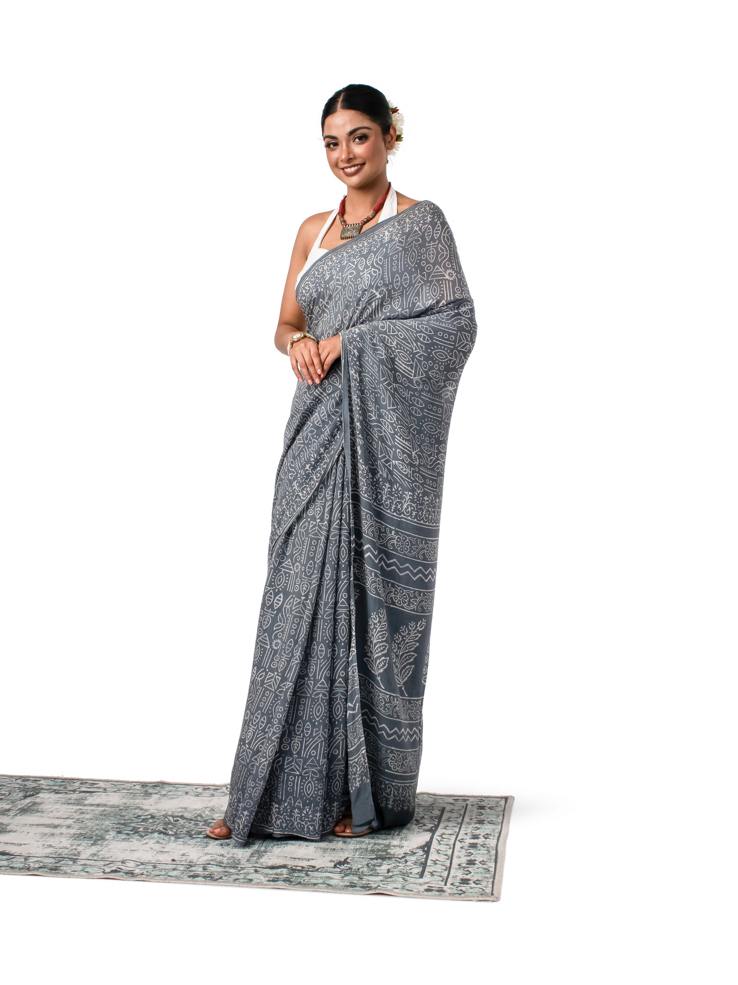 Grey Chiffon Block Printed Saree