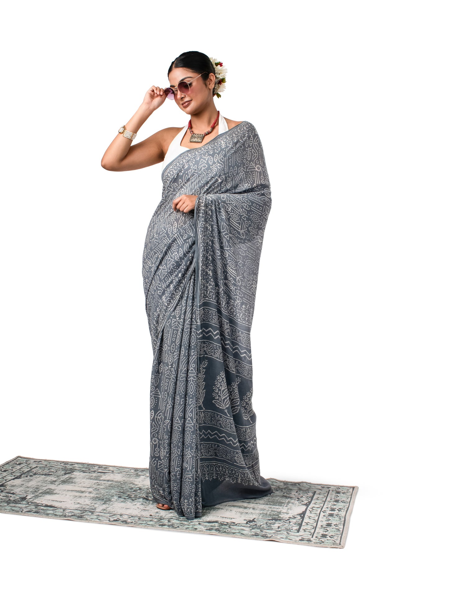 Grey Chiffon Block Printed Saree