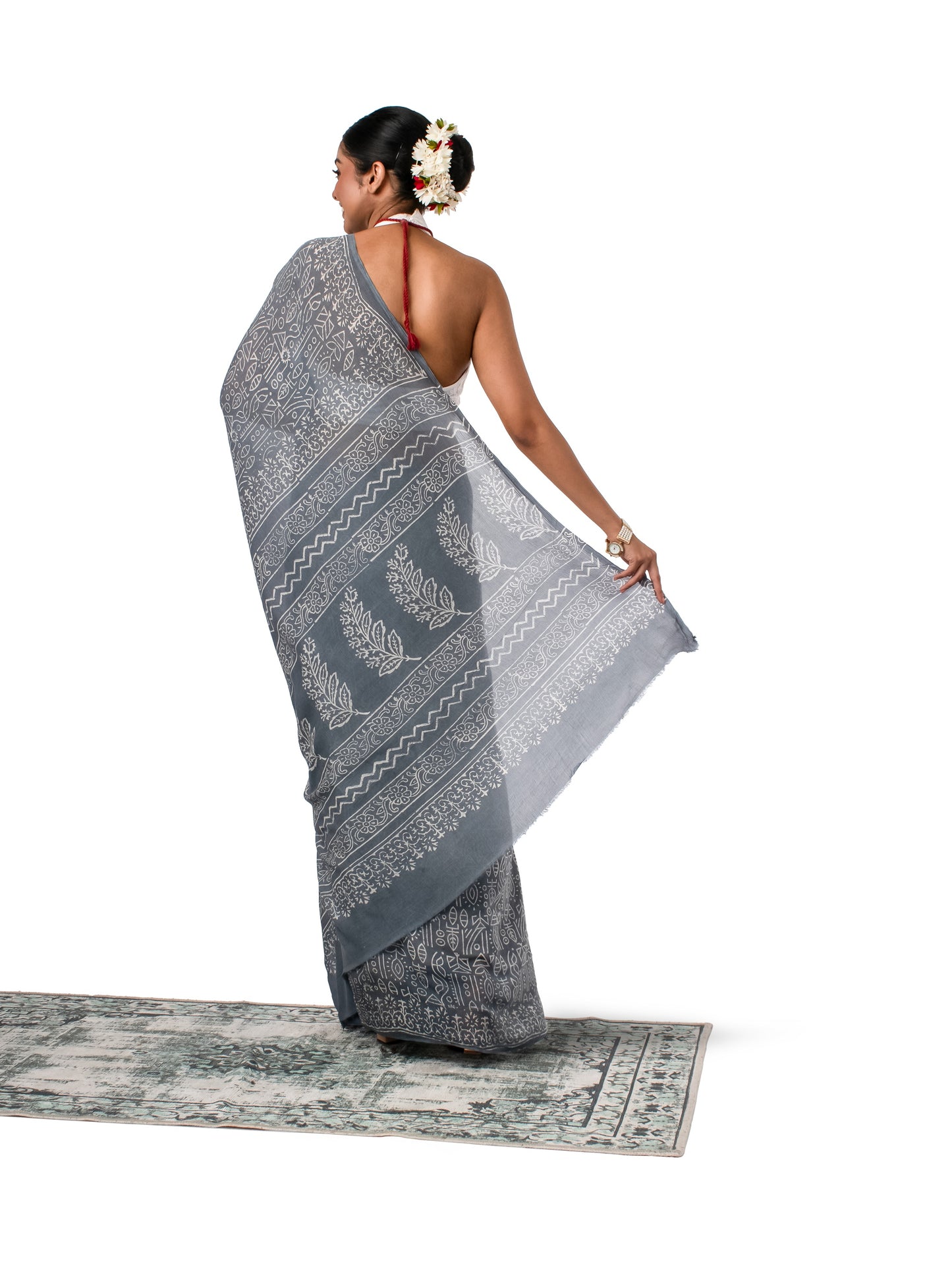 Grey Chiffon Block Printed Saree