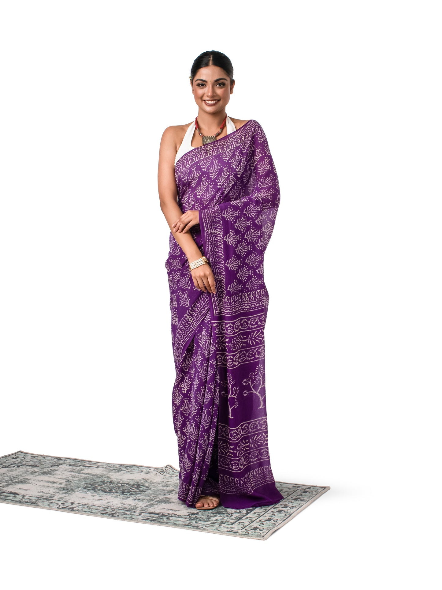 Purple Chiffon Block Printed Saree
