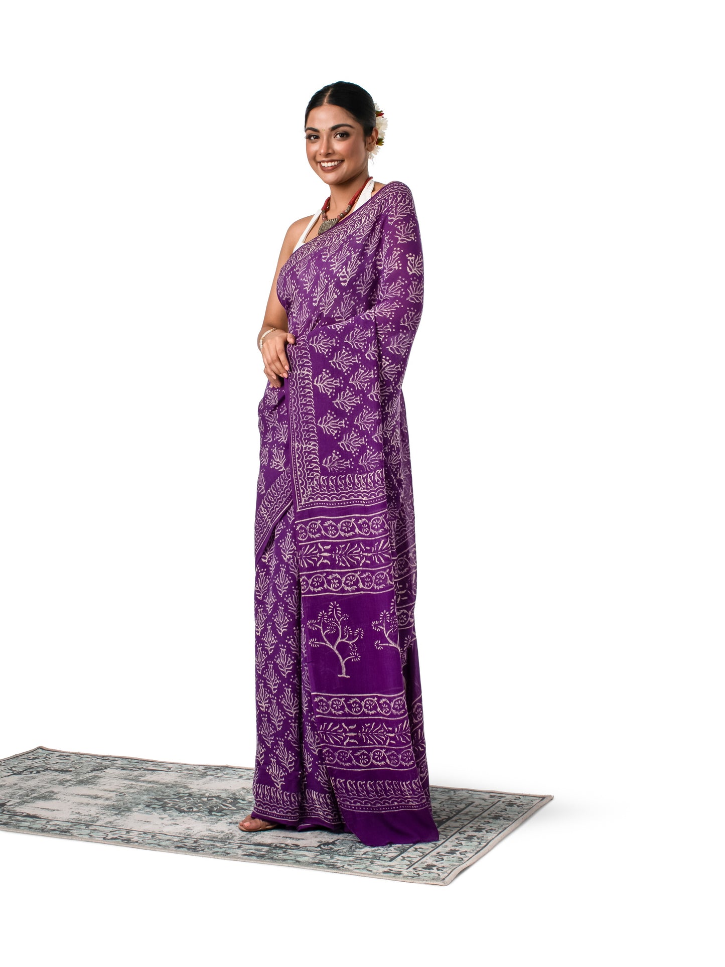 Purple Chiffon Block Printed Saree