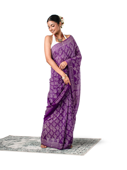 Purple Chiffon Block Printed Saree