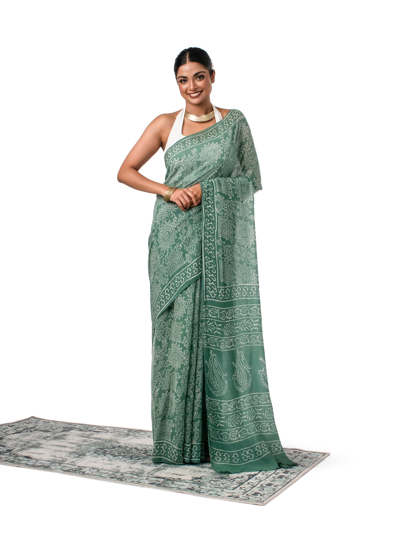 Green Chiffon Block Printed Saree