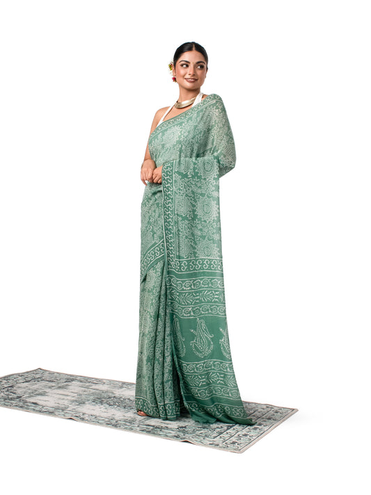 Green Chiffon Block Printed Saree