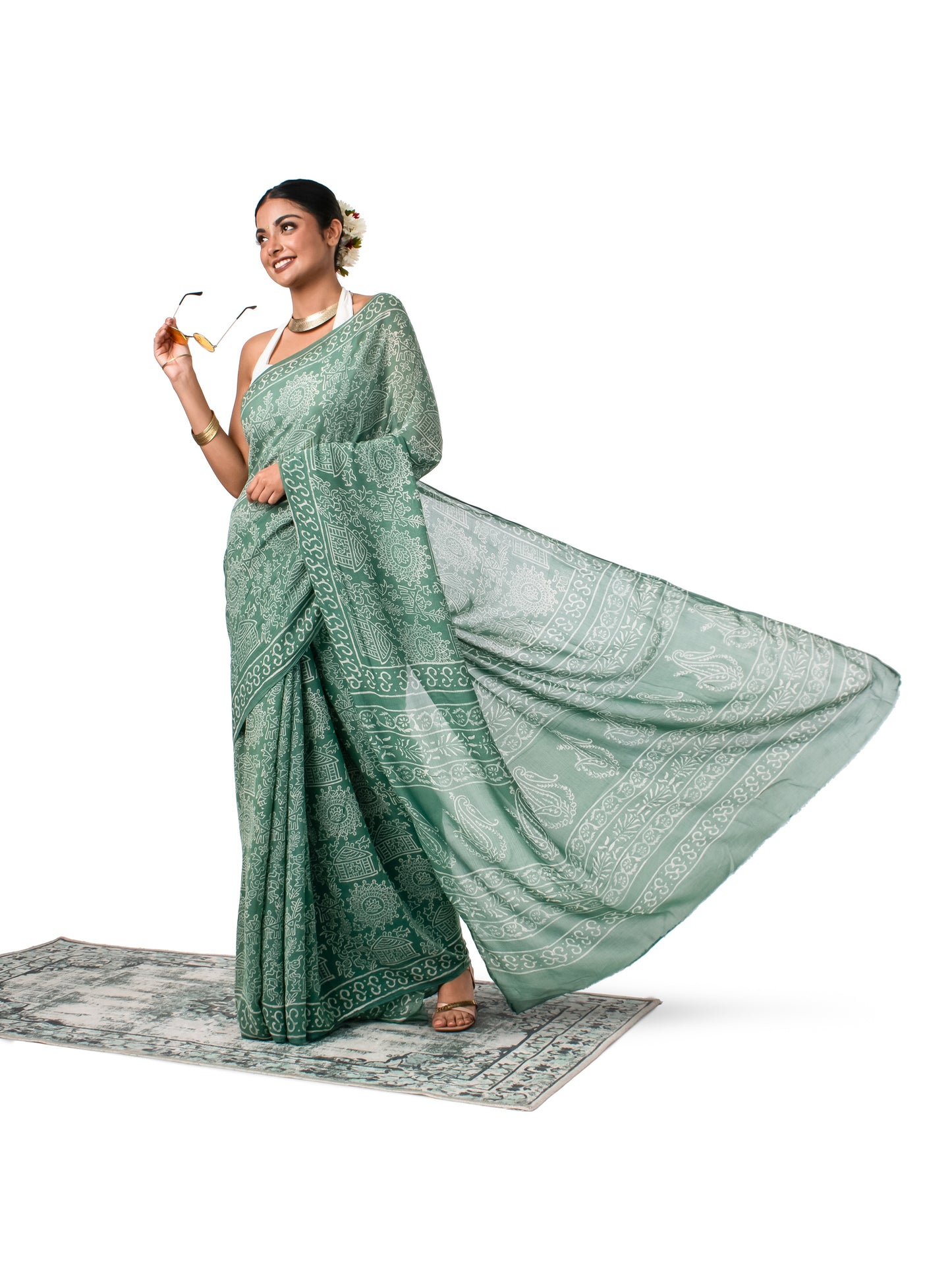 Green Chiffon Block Printed Saree