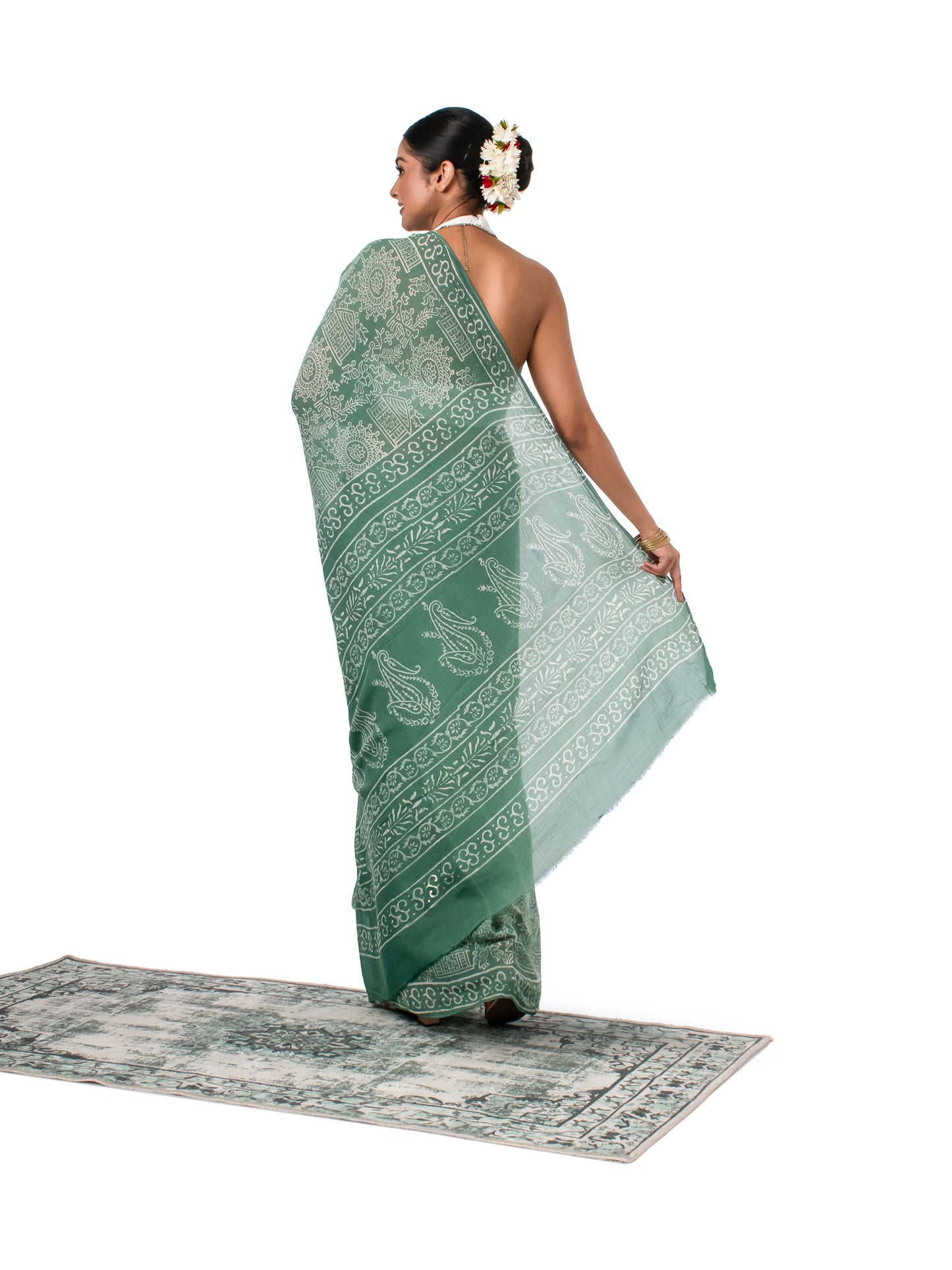 Green Chiffon Block Printed Saree