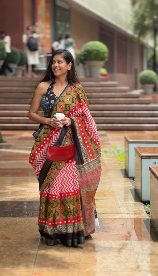 Multicolored Cotton Linen Block Printed Saree
