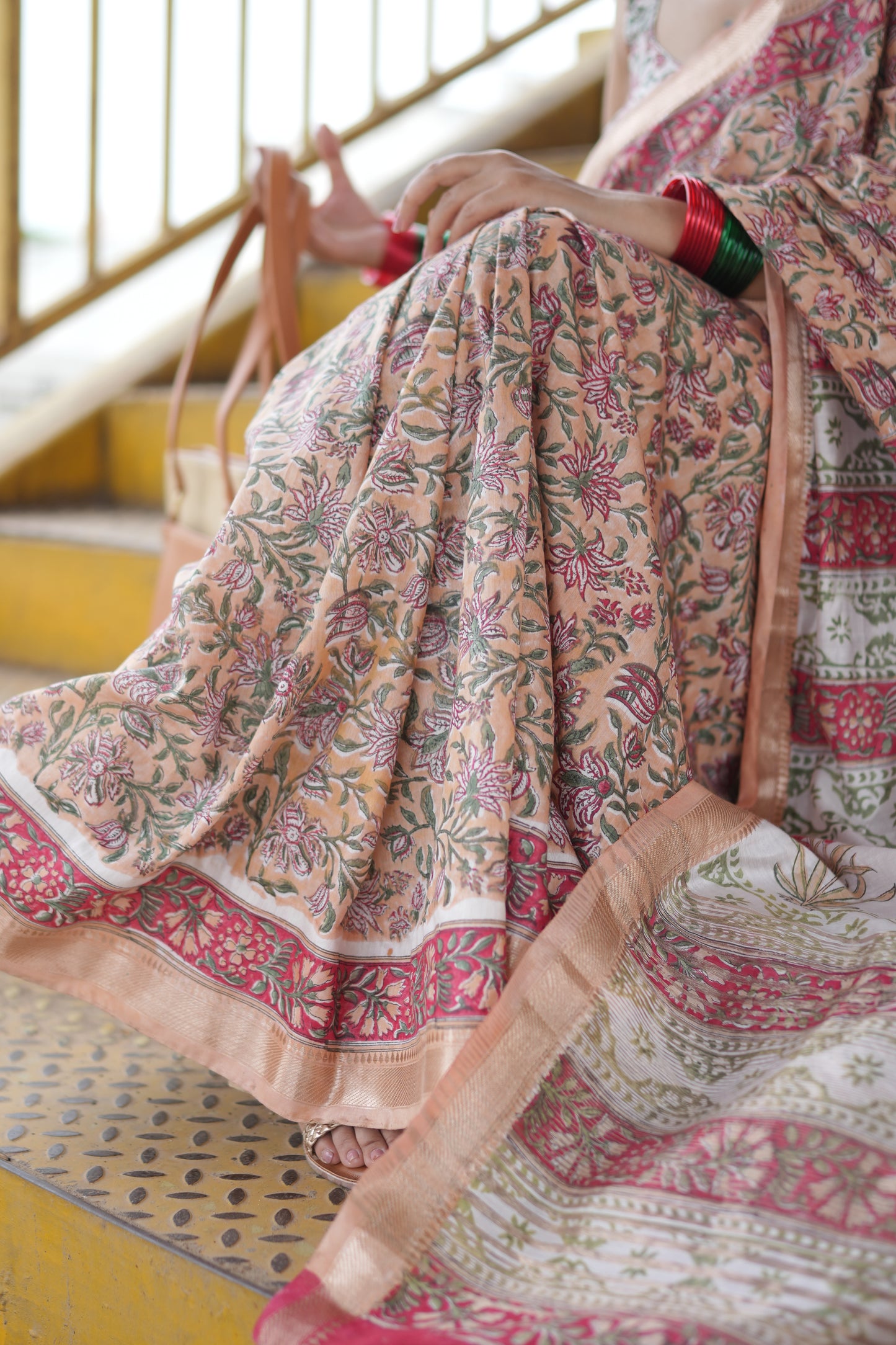 Rose Gold Blended Maheshwari Silk With Sanganeri Block Prints