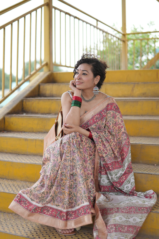 Rose Gold Blended Maheshwari Silk With Sanganeri Block Prints