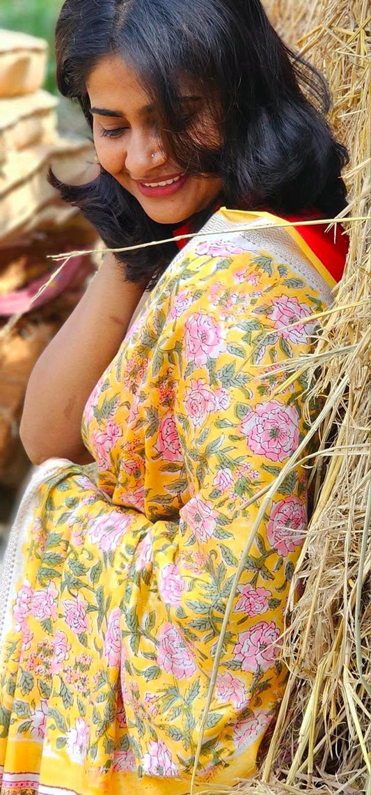 Yellow Blended Maheshwari Silk With Sanganeri Block Prints