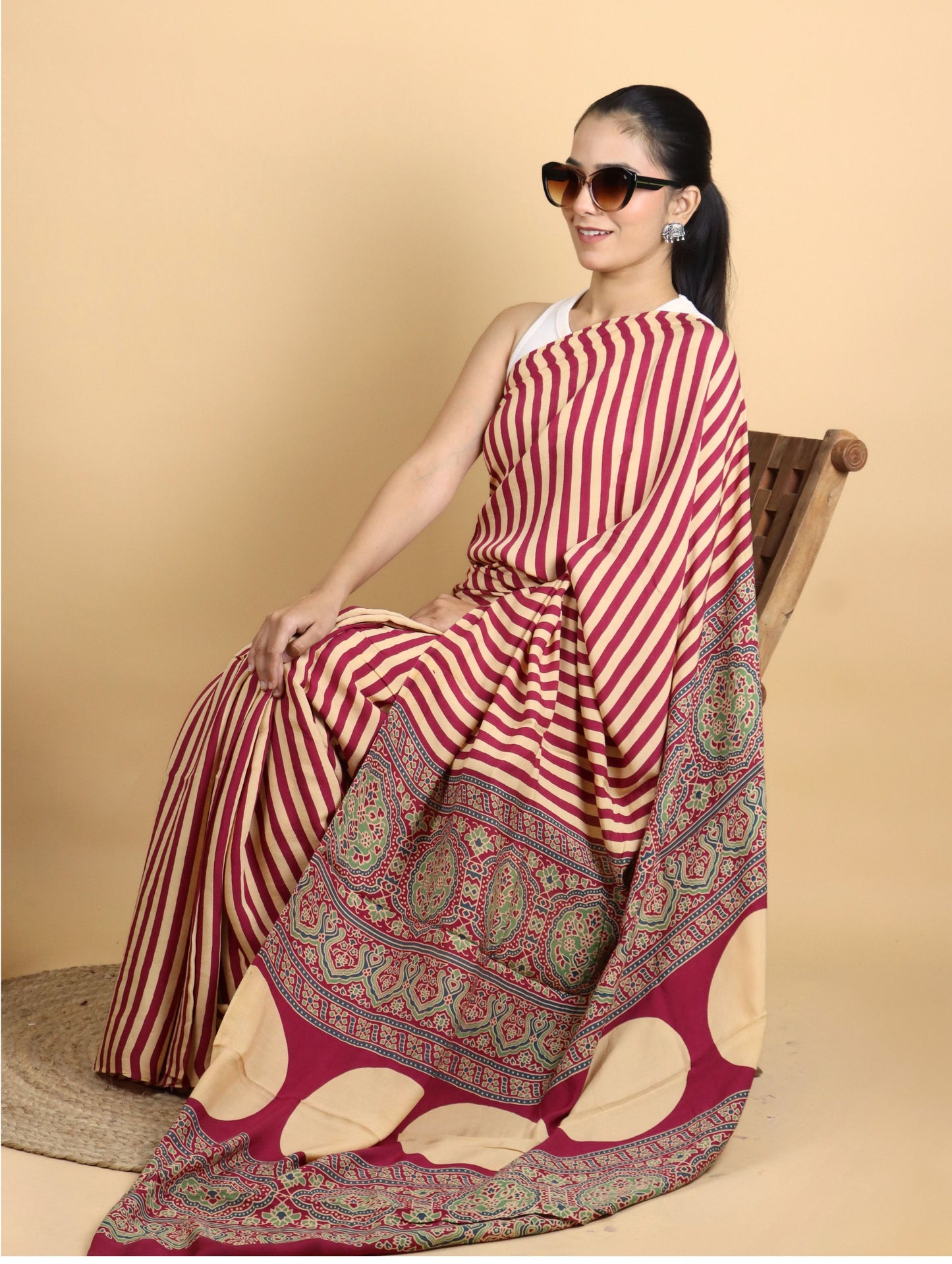Maroon and Beige Striped Ajrak Block Printed Modal Silk Saree
