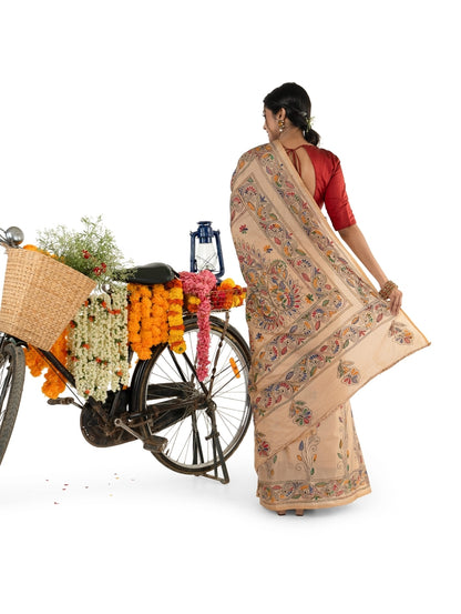 Beige Multicoloured Kantha Stitched Saree