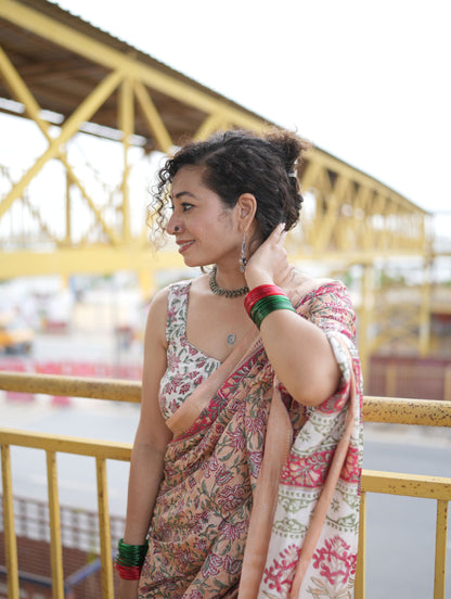 Rose Gold Blended Maheshwari Silk With Sanganeri Block Prints