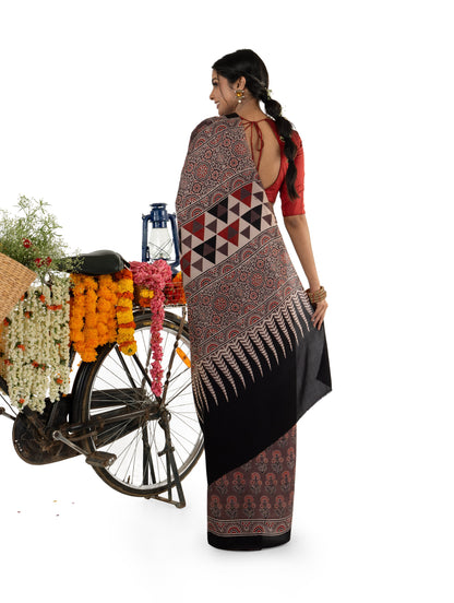 Ajrak Brown Modal Muslin Saree