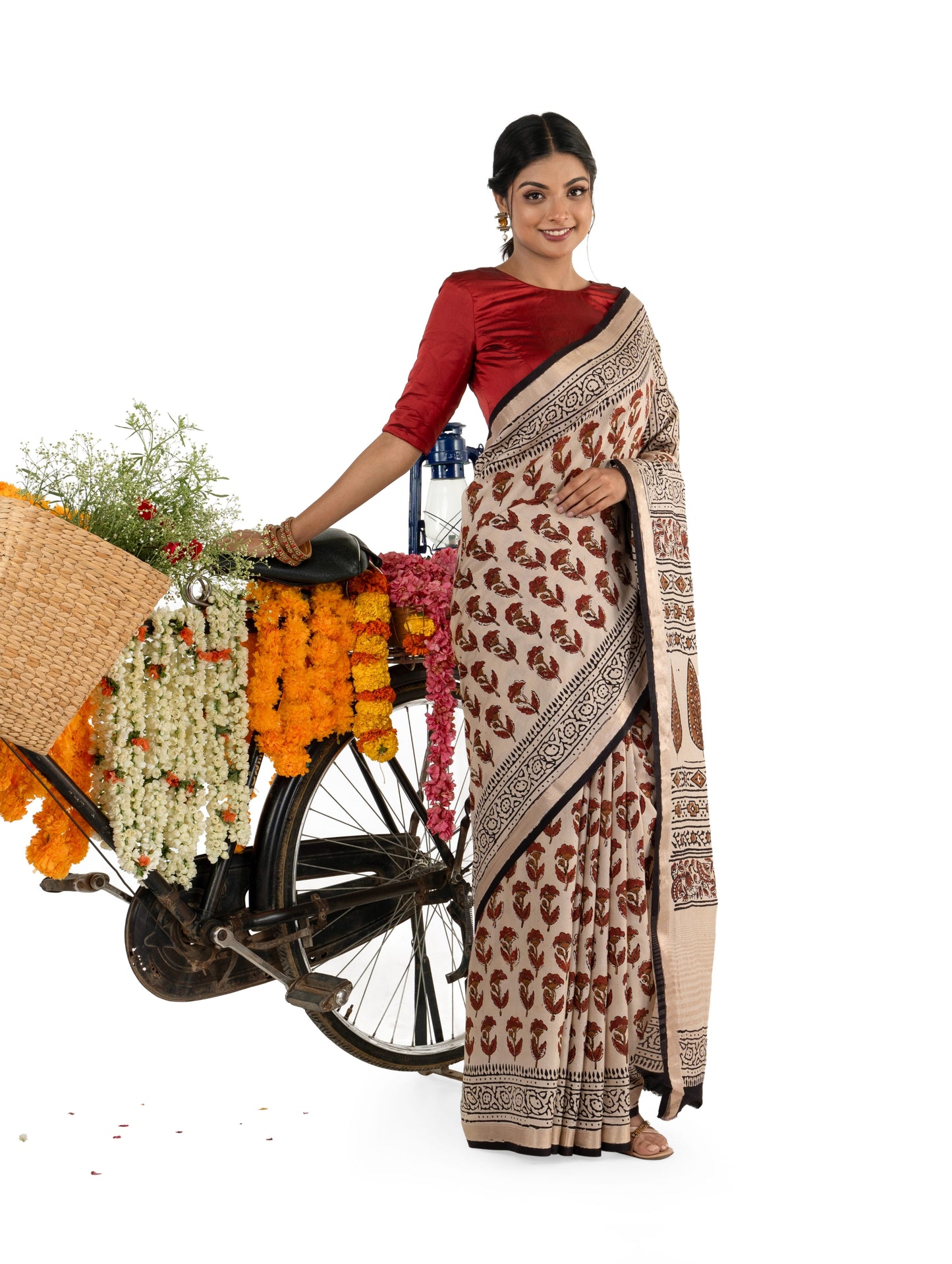 Beige and Brown Art Silk Crepe with Floral Bagru BlockPrinted Saree