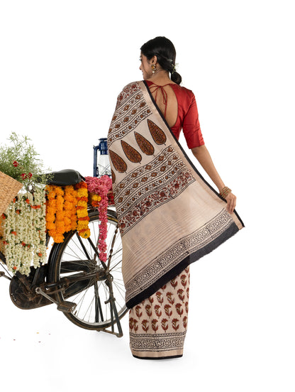 Beige and Brown Art Silk Crepe with Floral Bagru BlockPrinted Saree