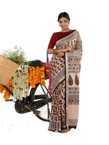Beige and Brown Art Silk Crepe with Floral Bagru BlockPrinted Saree