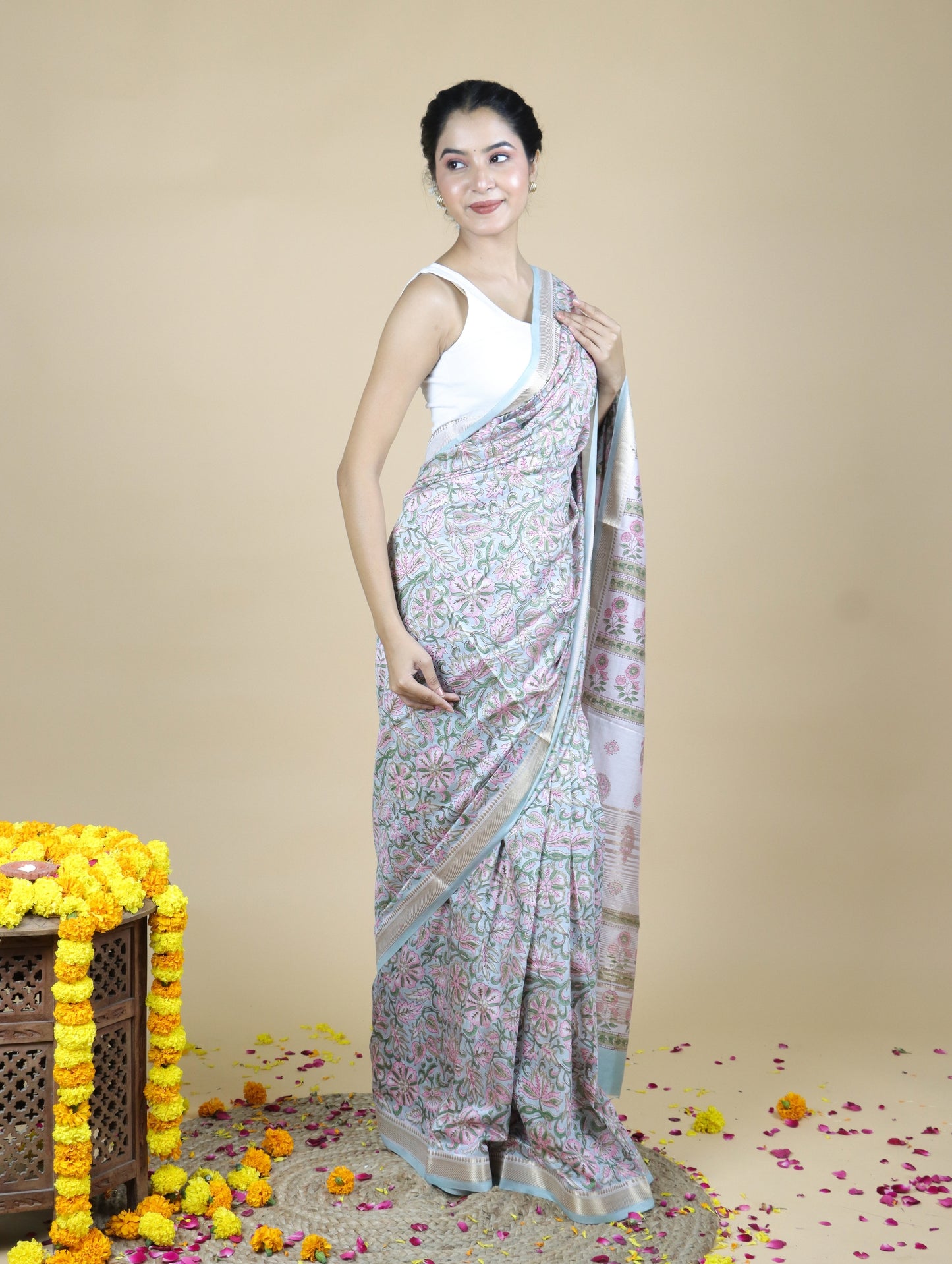 Pastel Green Blended Maheshwari Silk With Sanganeri Block Prints